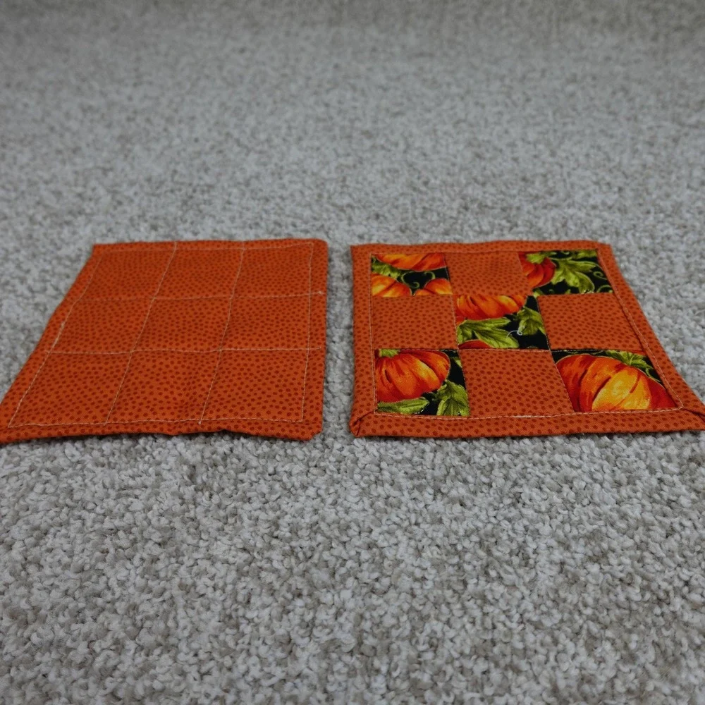 Handmade Quilted Pumpkin Mug Rug Set 2pc Orange Patchwork Cotton Coasters 6x6